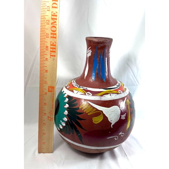 Hand Painted Red Ware Pottery Vessel Decanter Pitcher Jug Folk Art 11.5x8 in - Picture 6 of 12